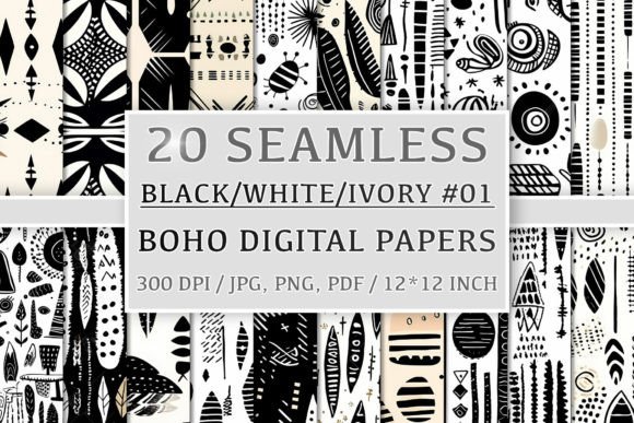 Download 20 Seamless Black White Ivory Boho Set 1 - Set Collection