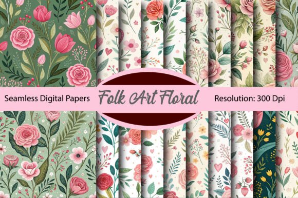 Download Folk Art Floral Valentine Digital Paper - Floral Collection