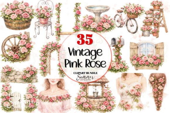 Download Vintage Pink Rose Shabby Chic Clipart - Ink Collection