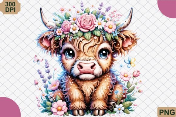 Download Boho Highland Cow and Pink Flowers PNG - Ink Collection